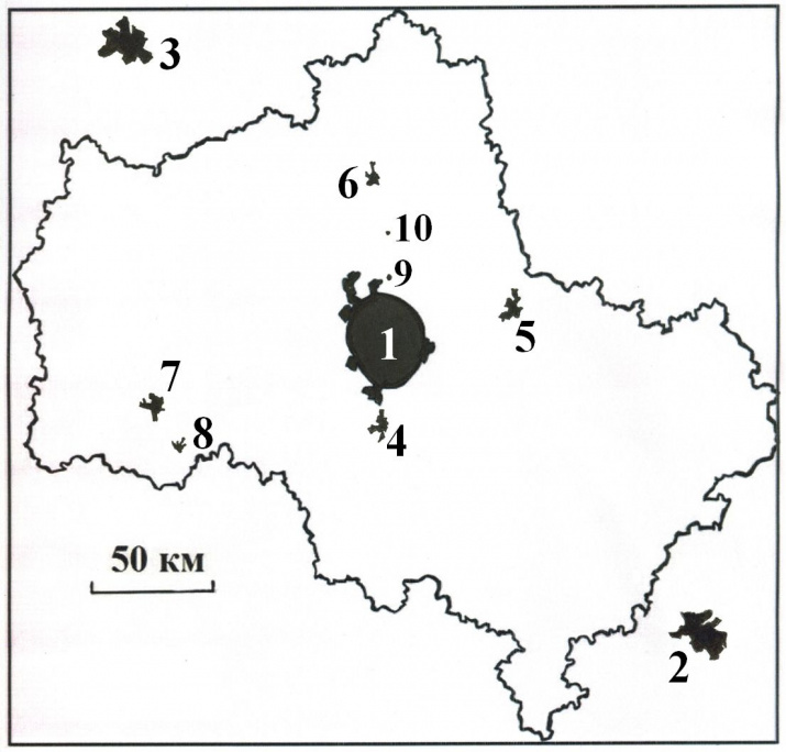 Карта с населенными пунктами, выбранными для анализа